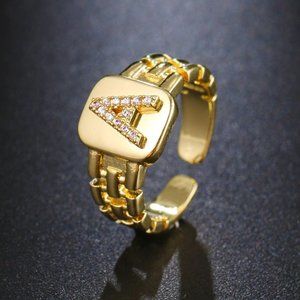 Letter A 18K Gold‎ Plated Watchband Zircon Adjustable Ring